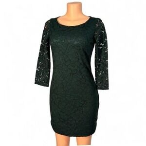 Vince Camuto Lace Sheath Dress Womens 2 Green Excellent 3/4 Sleeve Floral Scoop‎